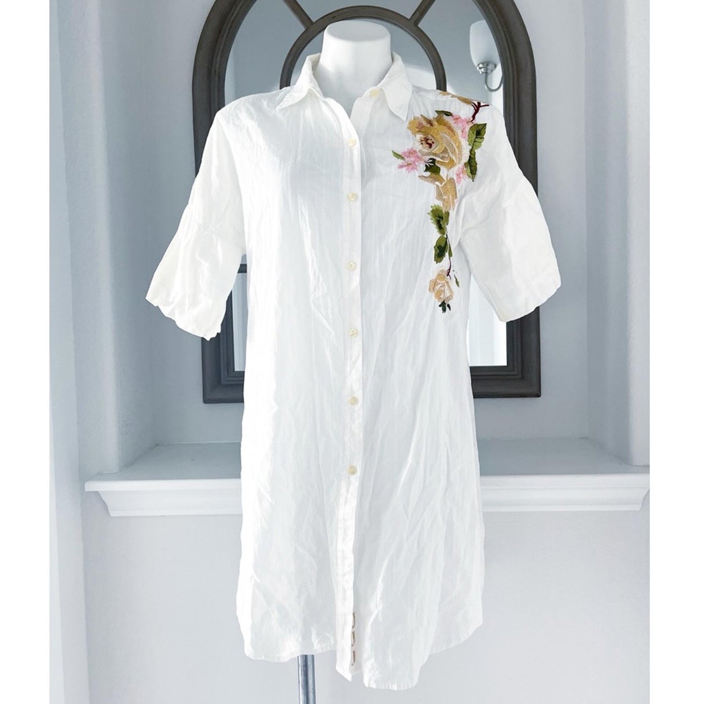 3J by Johnny Was Button Front Shirtdress with Floral Embroidery, White Size L
