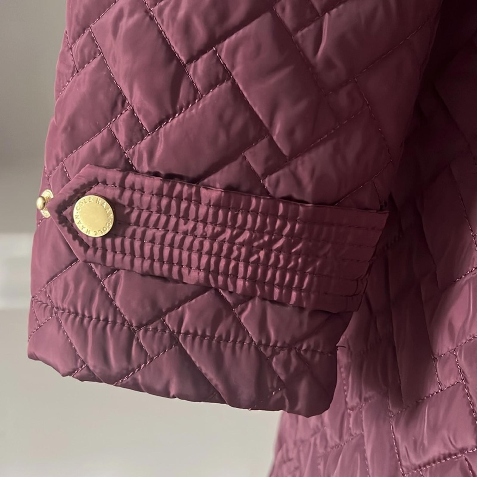 Cole Haan Burgundy Quilted Long Jacket w/Brown Leather Trim, NO BELT XL $260