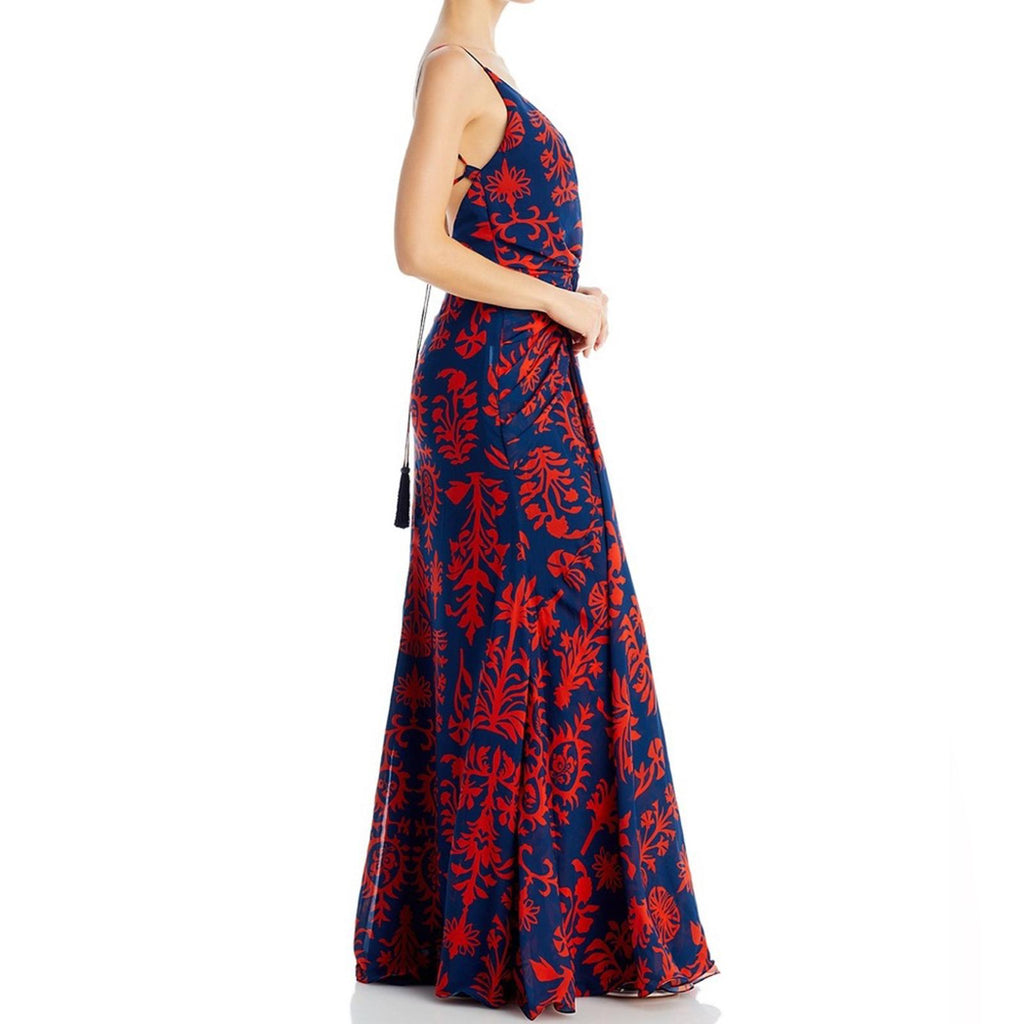 Andres Otalora Printed Chiffon Tie Back Gown in Blue & Red, NWT, Size 0