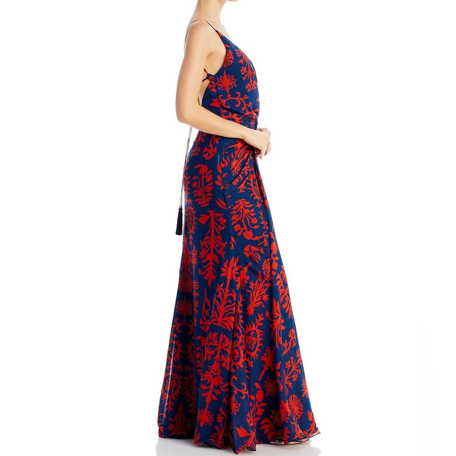 Andres Otalora Printed Chiffon Tie Back Gown in Blue & Red, NWT, Size 0