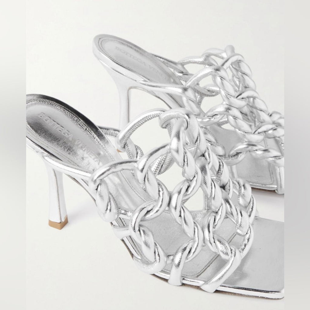 Bottega Veneta Stretch High Heel Slide Sandals in Silver Size 37.5 NEW+2DustBags