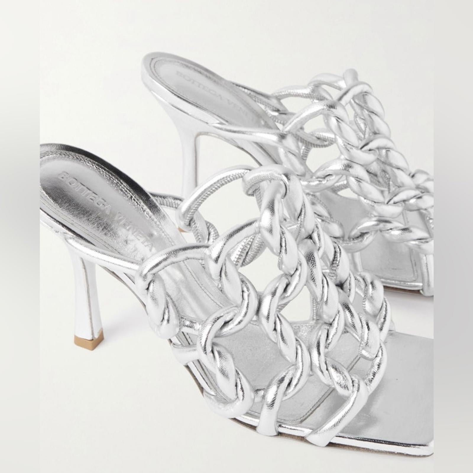 Bottega Veneta Stretch High Heel Slide Sandals in Silver Size 37.5 NEW+2DustBags
