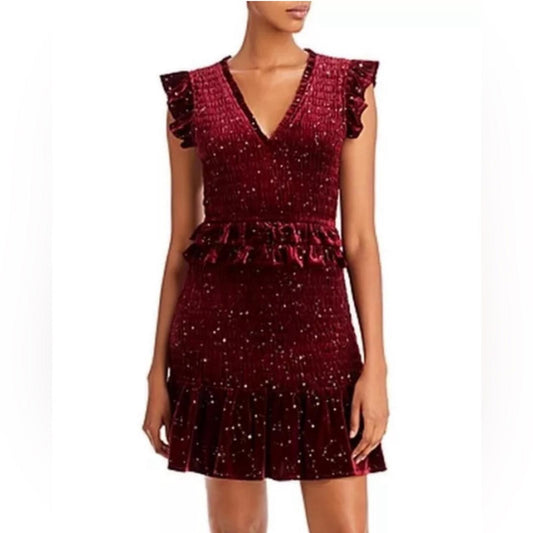Aqua Velvet Smocked Mini Dress in Burgundy w/Star Print, Size S New w/Tag $88