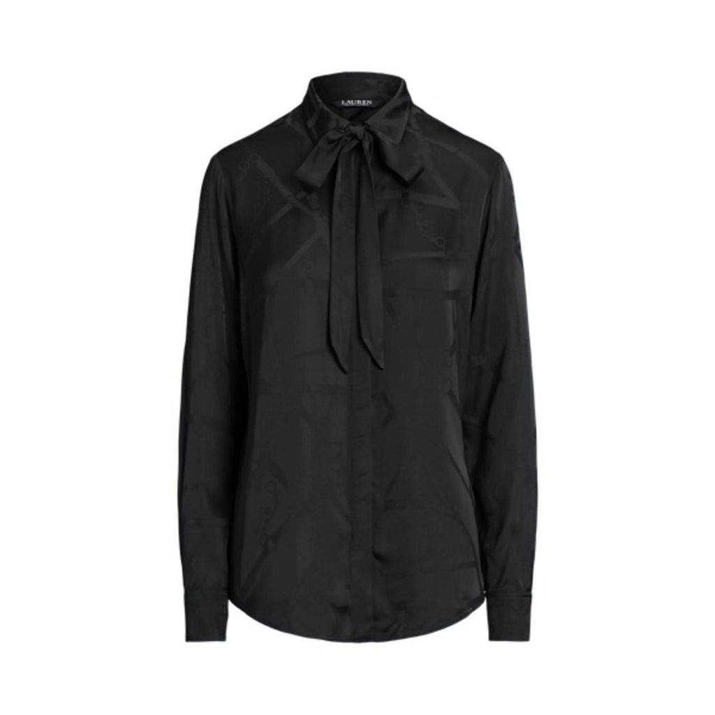 Lauren Ralph Lauren Belting-Motif Jacquard Tie-Neck Shirt Black Size XS NEW wTag