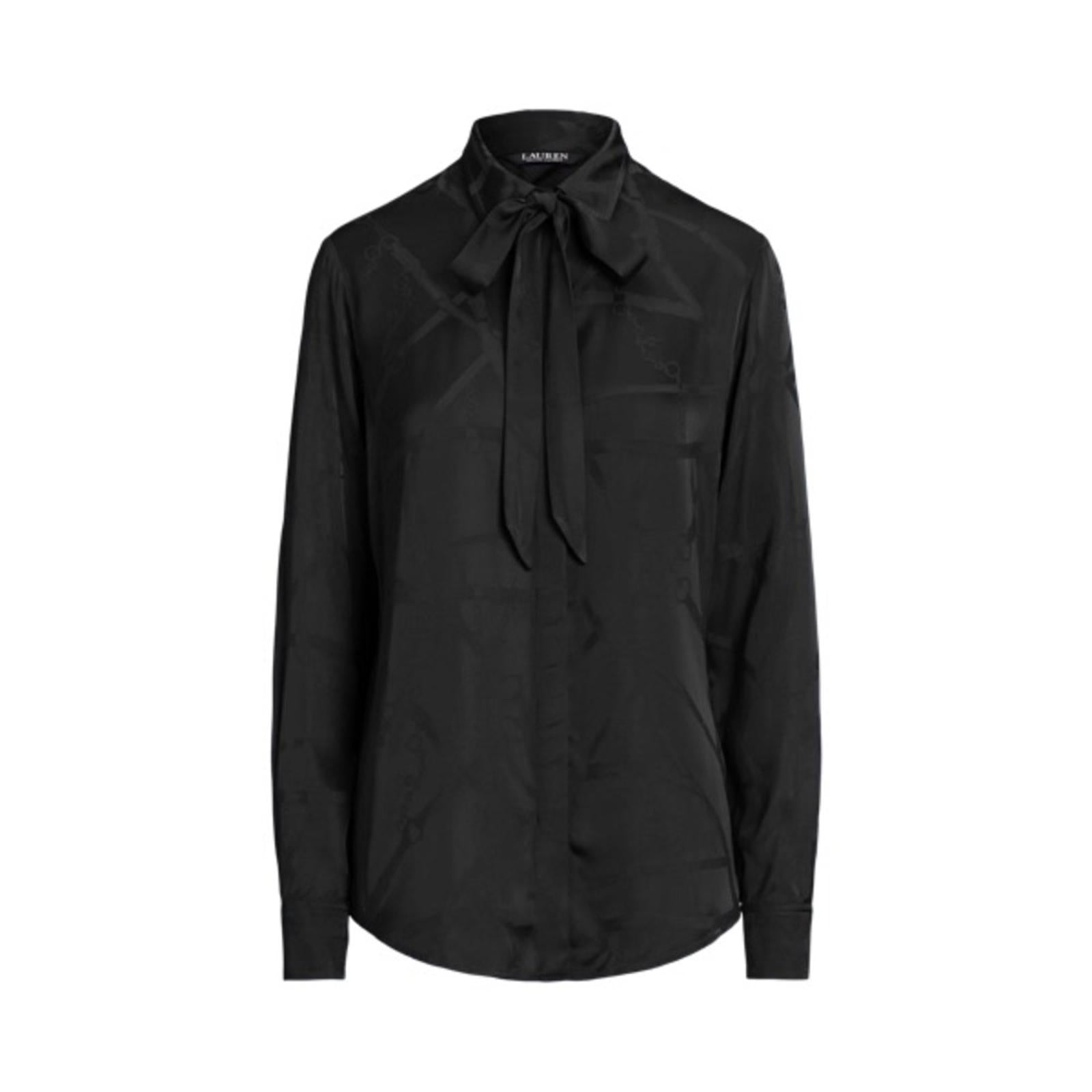 Lauren Ralph Lauren Belting-Motif Jacquard Tie-Neck Shirt Black Size XS NEW wTag