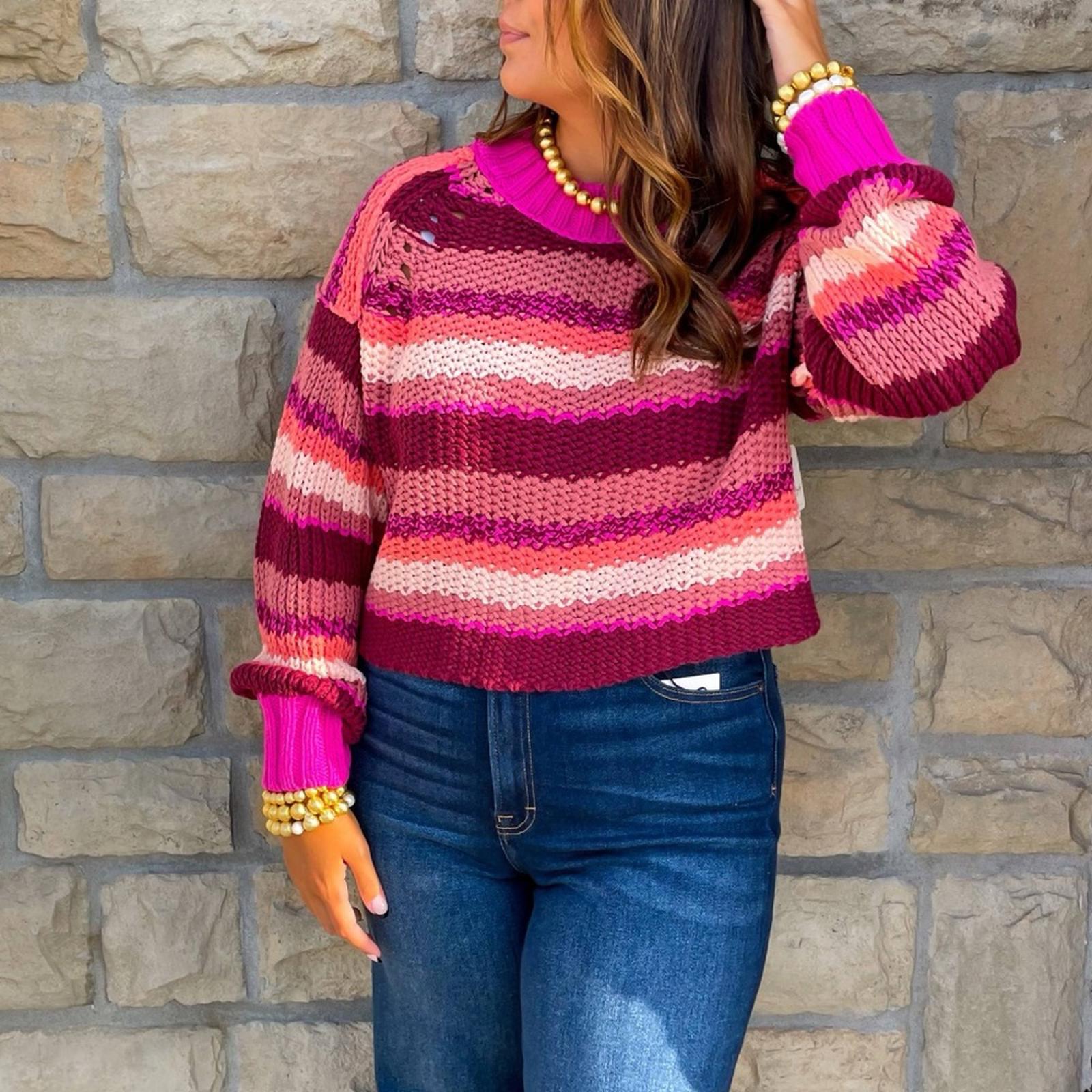 Free People Revolve* Devon Sweater, Fuchsia Rose Combo,  Size L New w/Tag