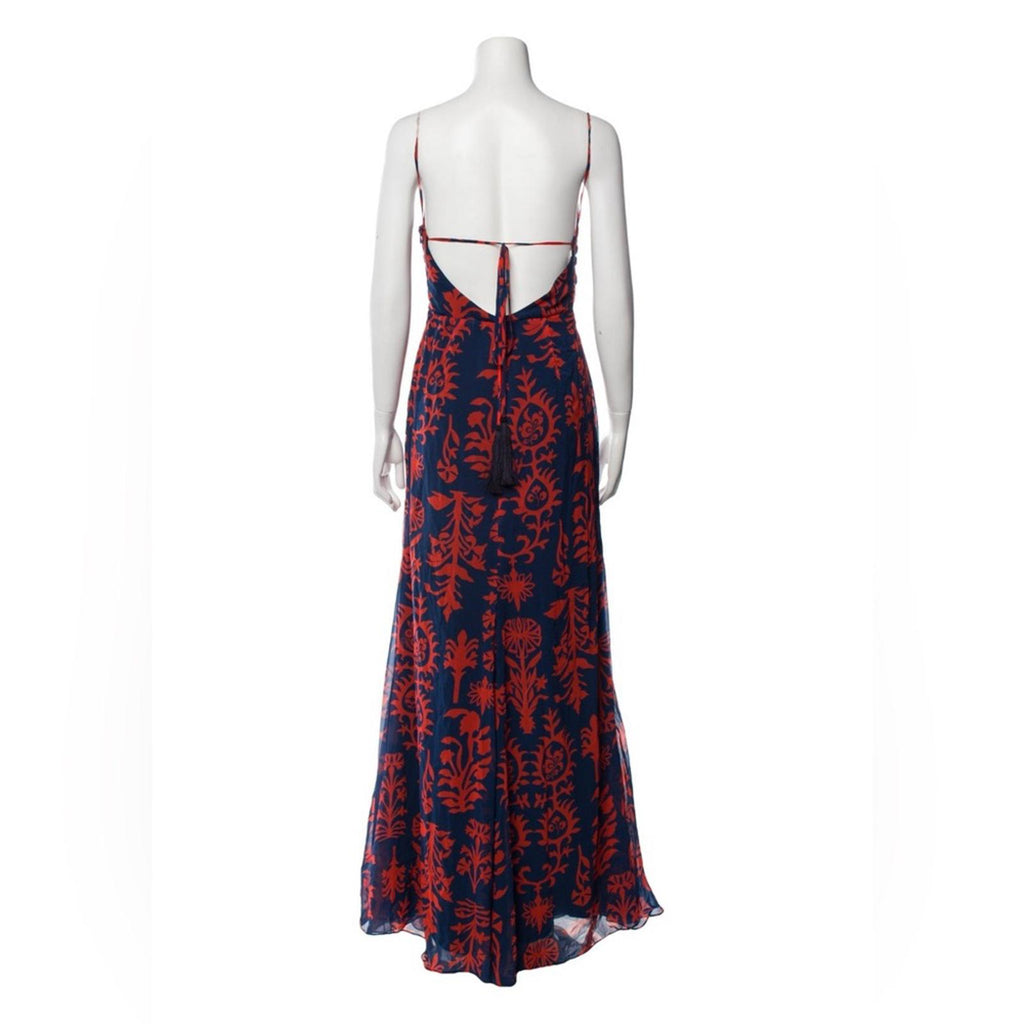 Andres Otalora Printed Chiffon Tie Back Gown in Blue & Red, NWT, Size 0