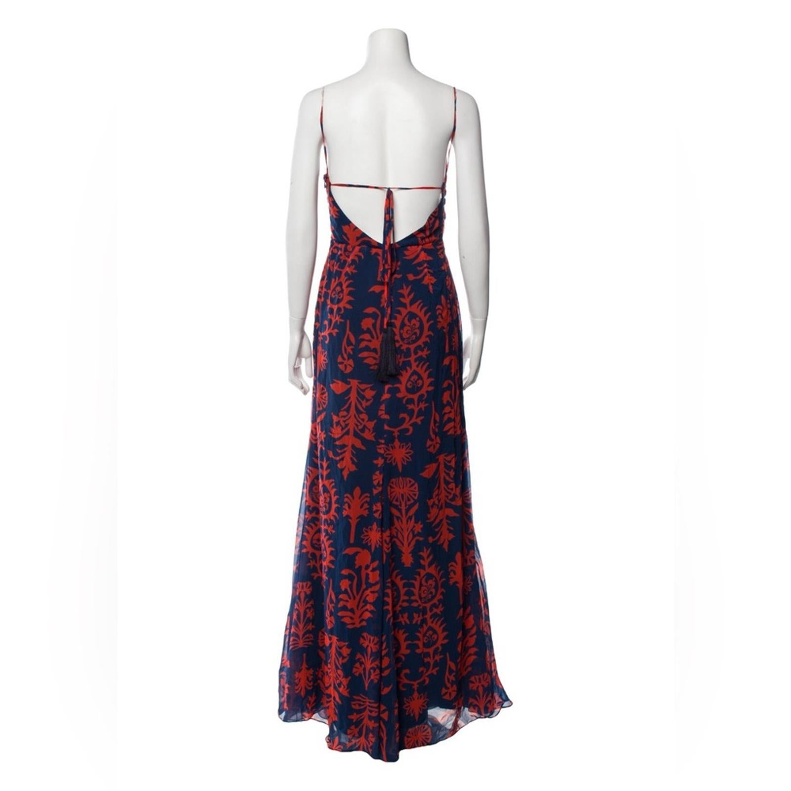 Andres Otalora Printed Chiffon Tie Back Gown in Blue & Red, NWT, Size 0