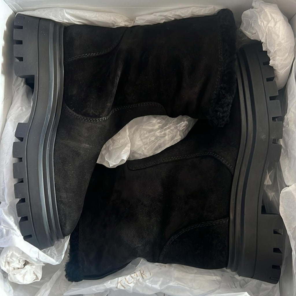 Stuart Weitzman Bedford Chill Suede Shearling Moto Boots, Black Size 6.5 NWT