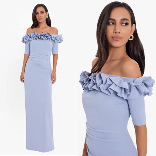XSCAPE "Isla" Long Crêpe Off-the-Shoulder Ruffle Dress, 16W NEW $249 (Sold Out)