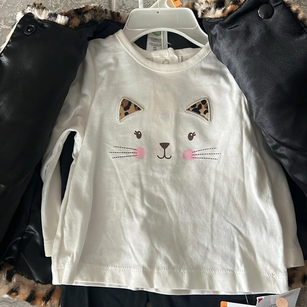 Little Me Baby 3-Pc Leopard-Print Faux-Fur Jacket, Top & Leggings Set Sz 12 Mos