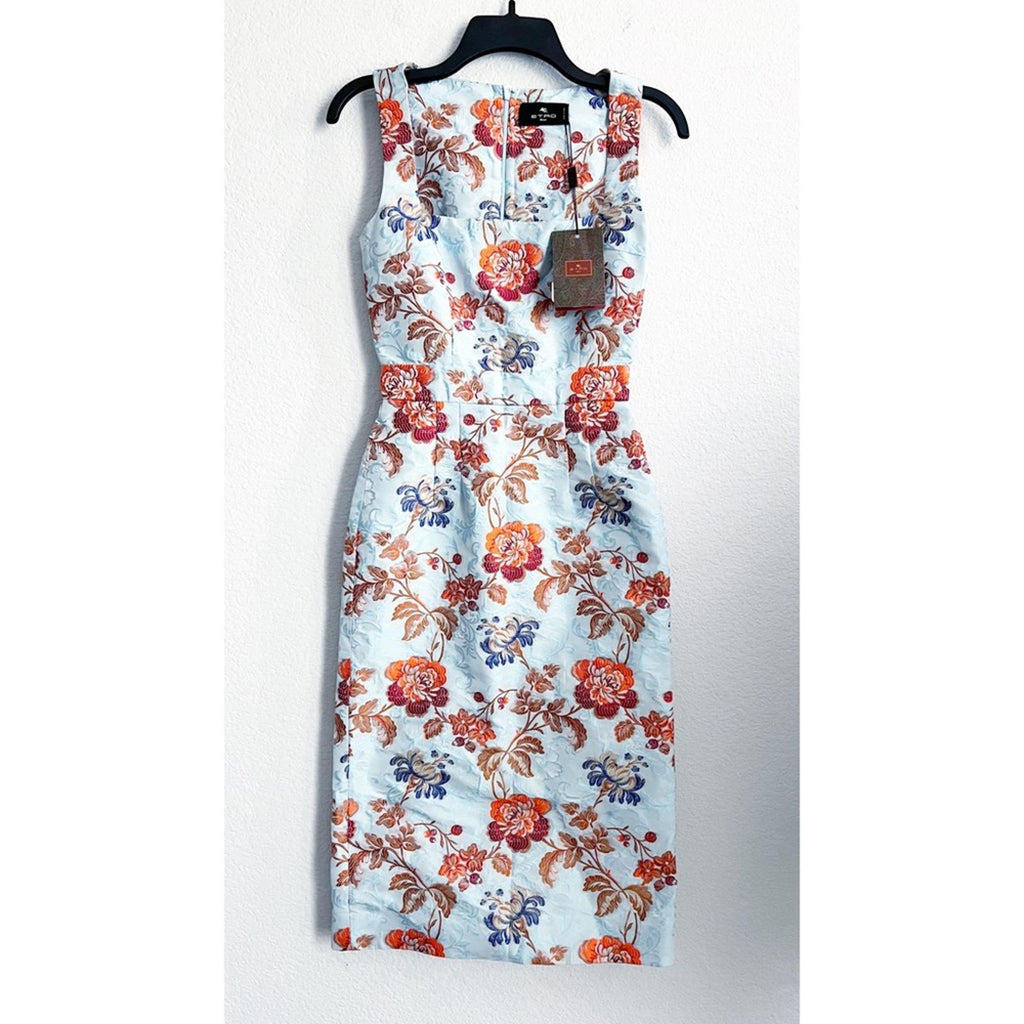 Etro Jacquard Floral Sheath Dress in Pale Blue Multi, Size 36, NEW $2300