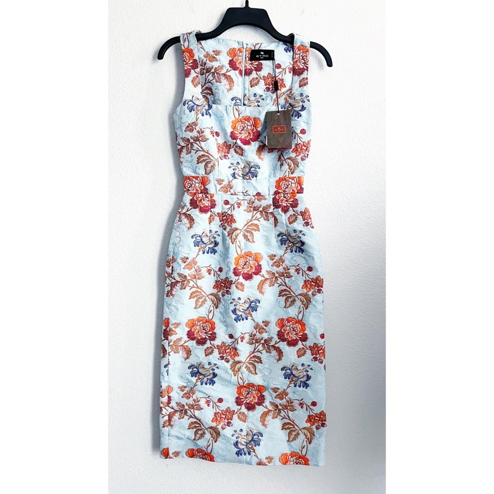 Etro Jacquard Floral Sheath Dress in Pale Blue Multi, Size 36, NEW $2300