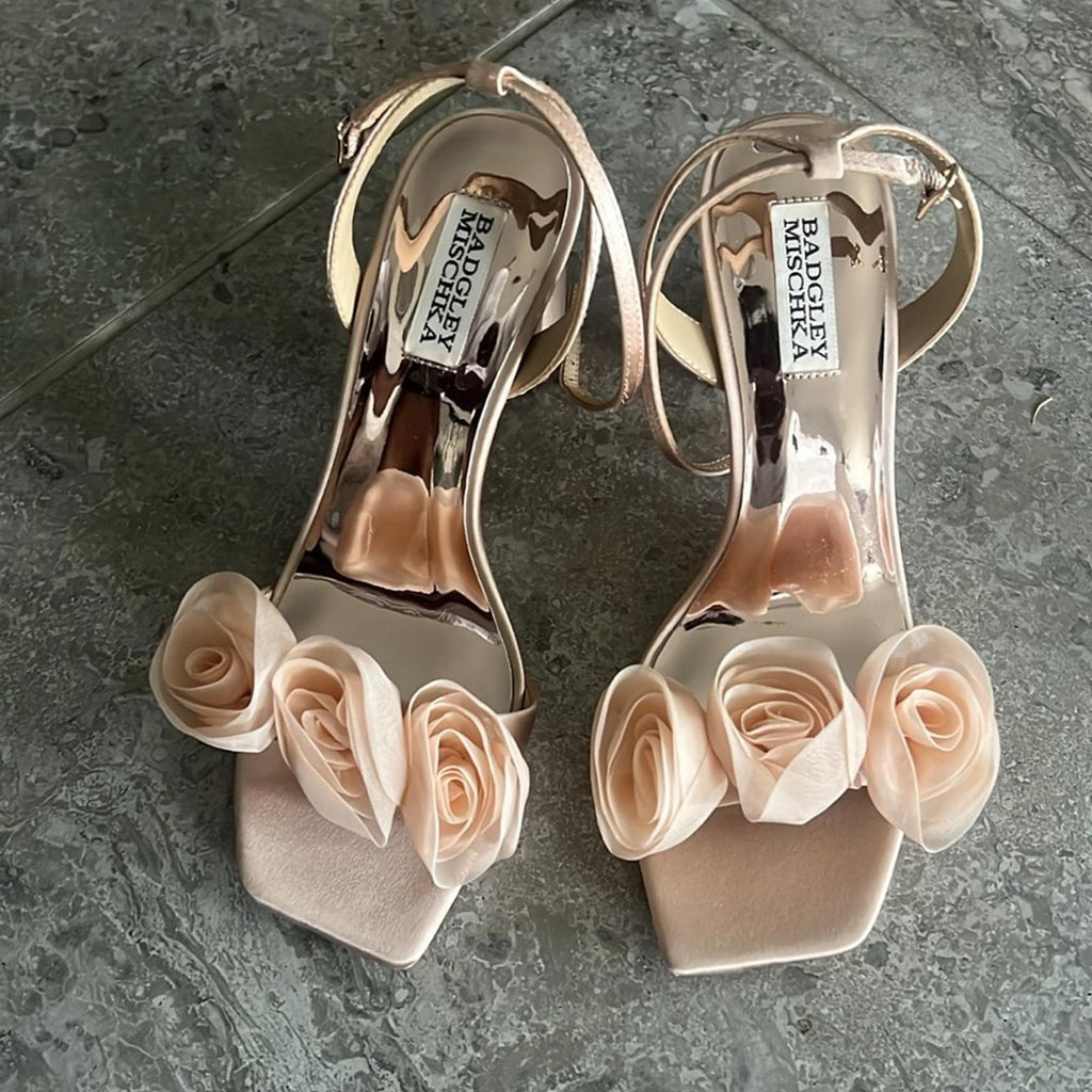 Badgley Mischka Carli Square Toe Triple Flower High Heel Sandals, Size 7, NEW