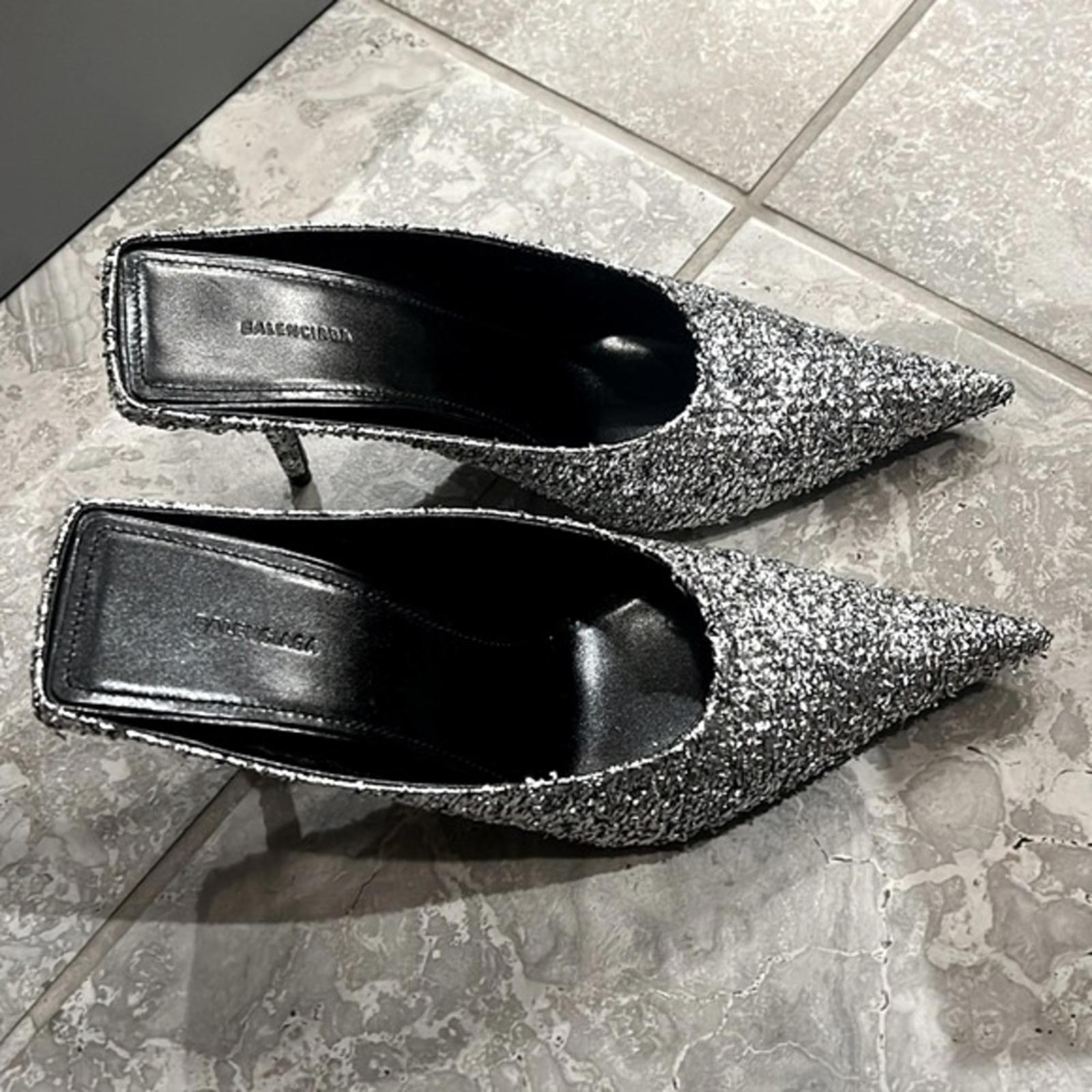 Balenciaga Knife Glitter High Heel Mules in Silver Titanium Size 36 New in Box