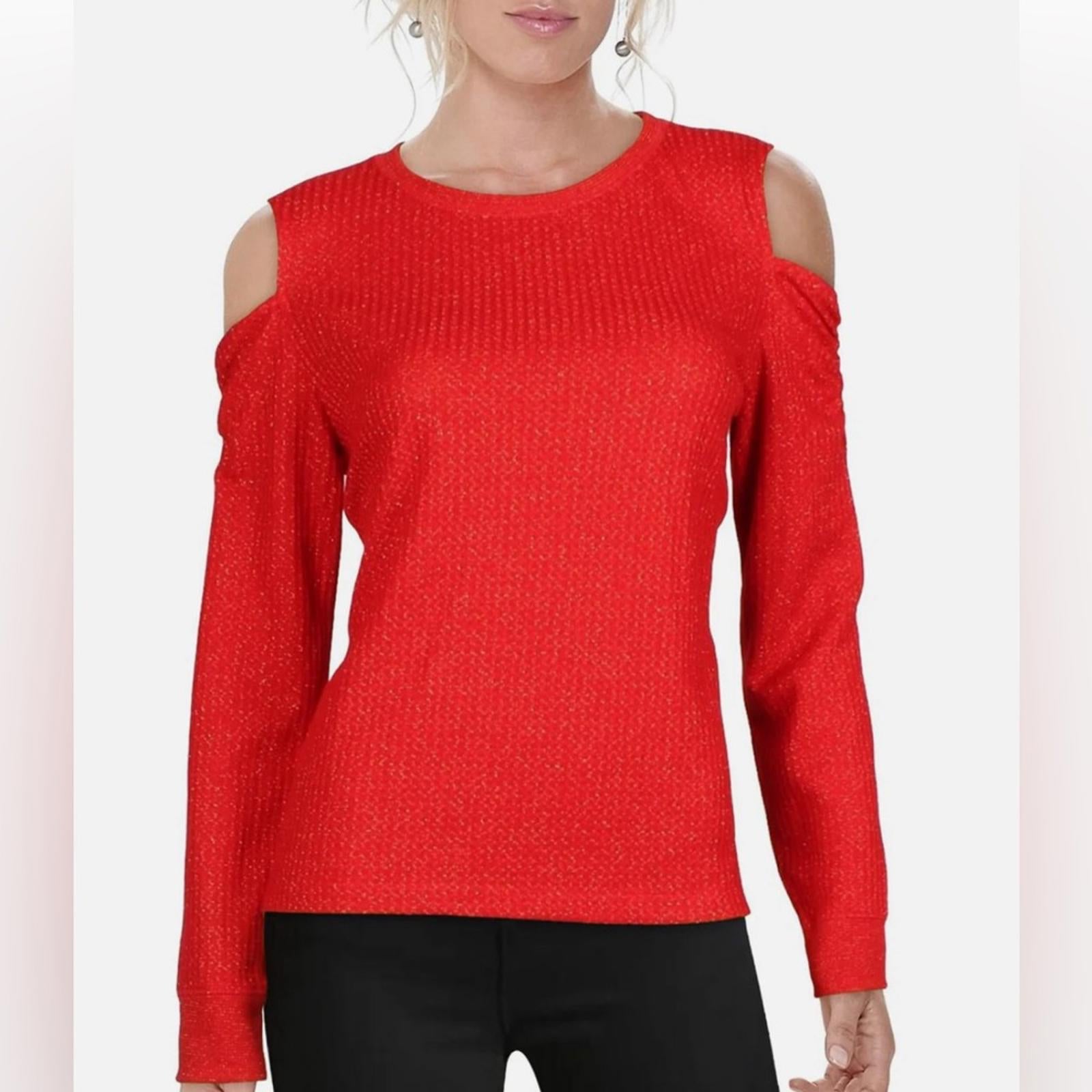 Tommy Hilfiger Forest Gold Metallic Long Sleeve Cold Shoulder Top Size M NWT