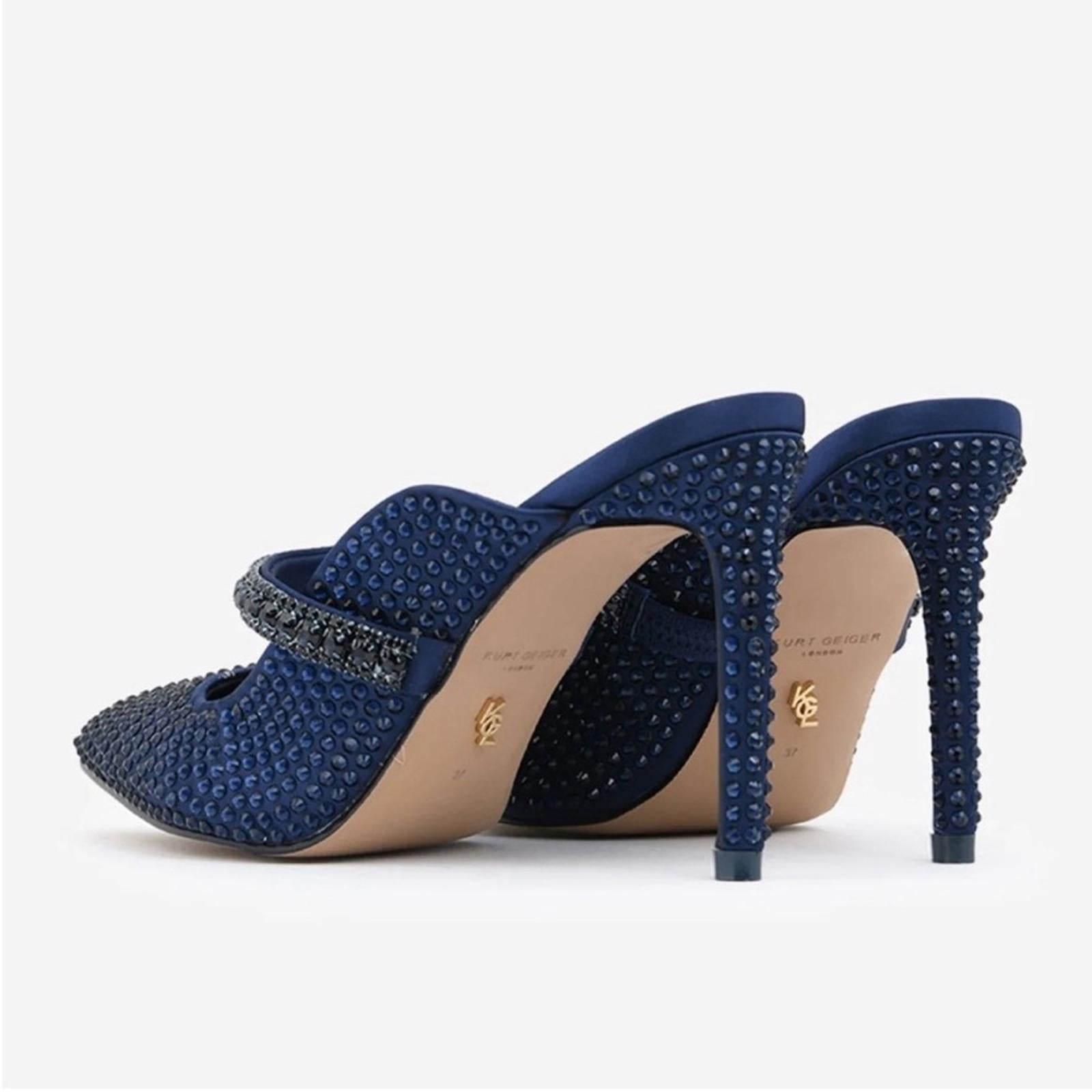 Kurt Geiger Blue Duke Drench 100 Crystal-Embellished Mules Heels Size 41 NEW