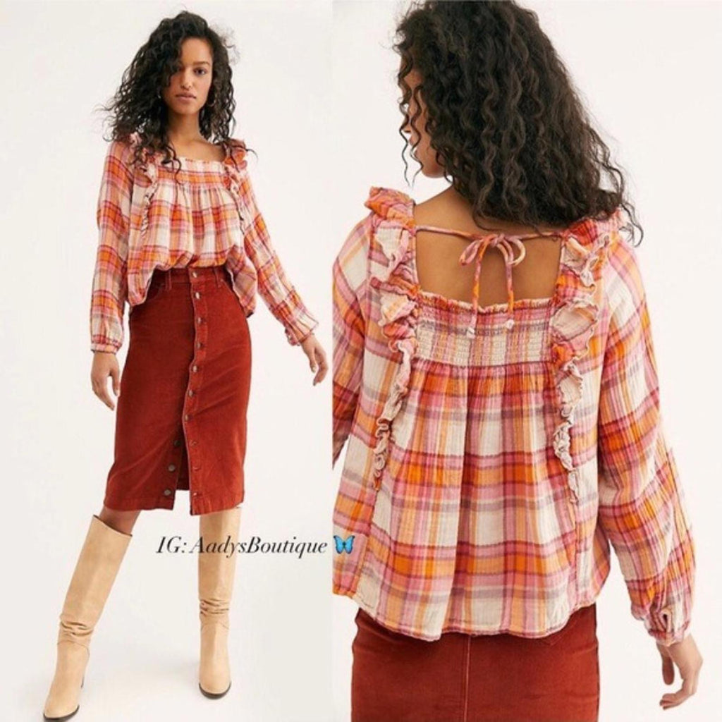 Free People Siena Plaid Long Sleeve Ruffle Top Cotton Size XS New w/Tag