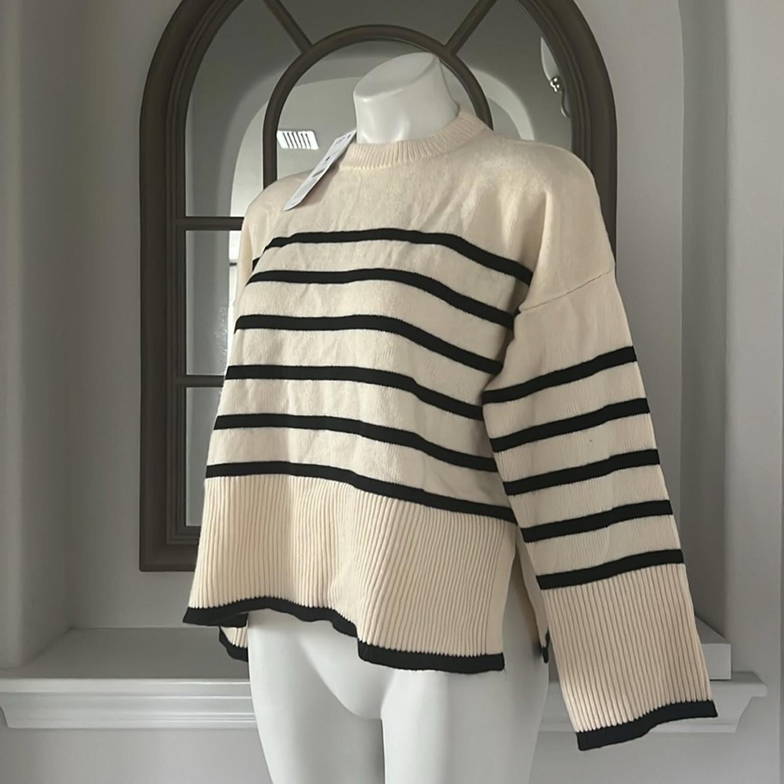 Bershka Roll Neck Sweater in Ecru & Black Stripe Sweater, Size S New w/Tag