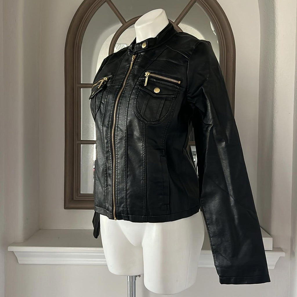 NEW LOOK Faux Leather Jacket in Black+Gold Tone Hardware, Size XL  New w/o Tag