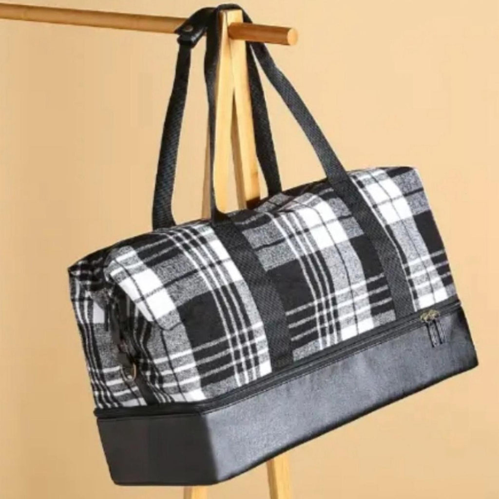 NEW Plaid Weekender Bag with Bottom Compartment in Black & White, New w/Tag
