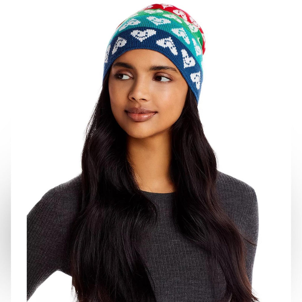 Aqua x Kerri Rosenthal Multicolor Heart Beanie/Hat FUN! One Size, Pink Multi NWT