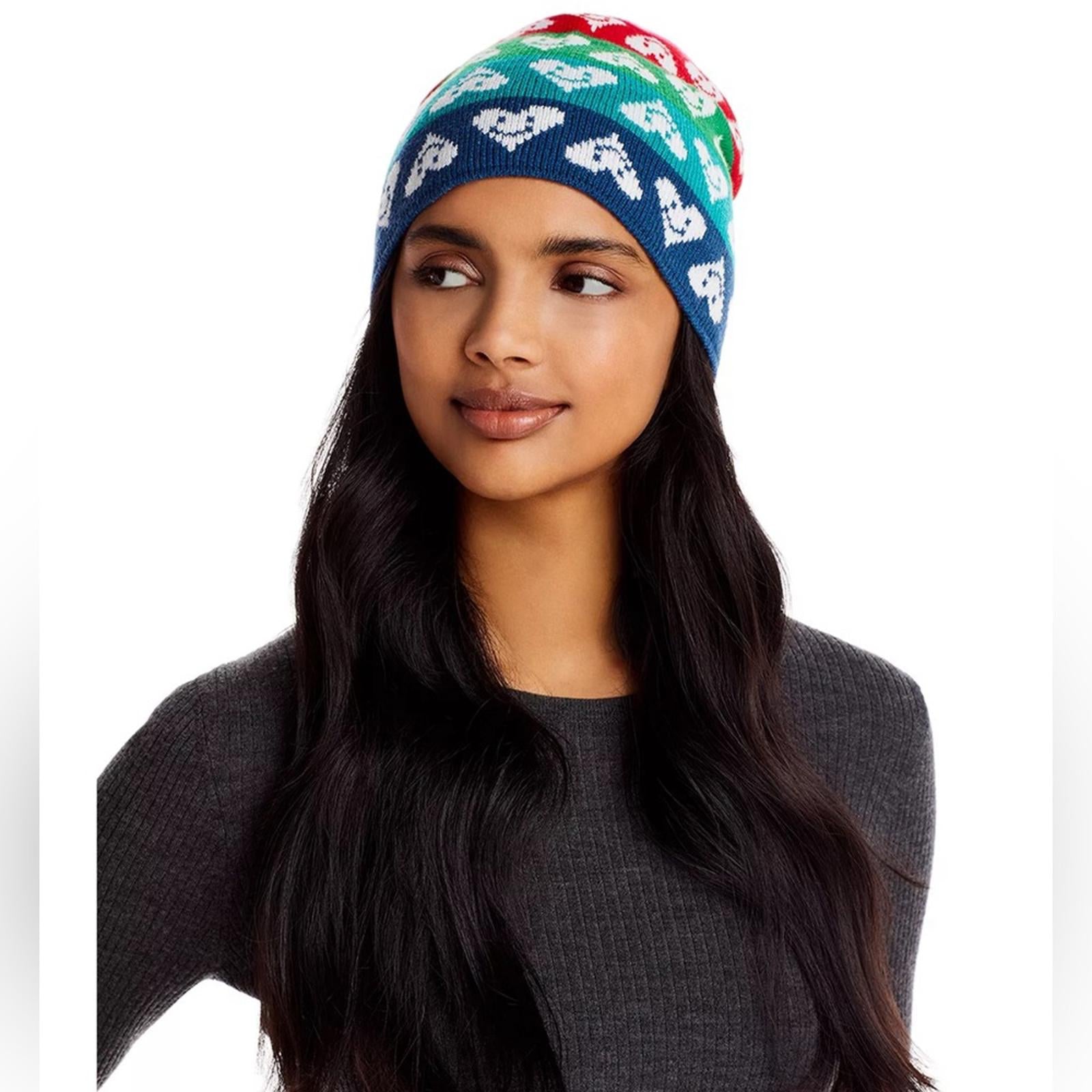 Aqua x Kerri Rosenthal Multicolor Heart Beanie/Hat FUN! One Size, Pink Multi NWT
