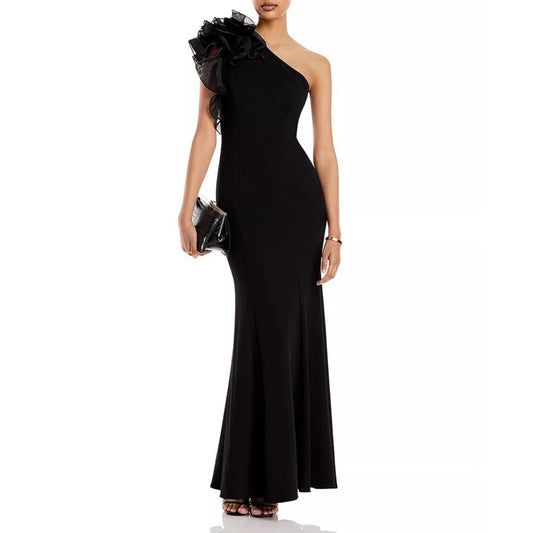 Aidan Mattox One-Shoulder Gown with Organza, Black Size 4 New w/Tag