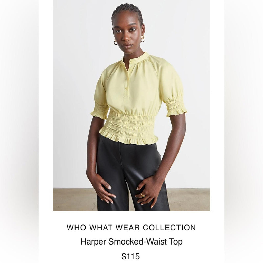 WhoWhatWear Harper Smocked-Waist Top in Lemon, NWT, Size S
