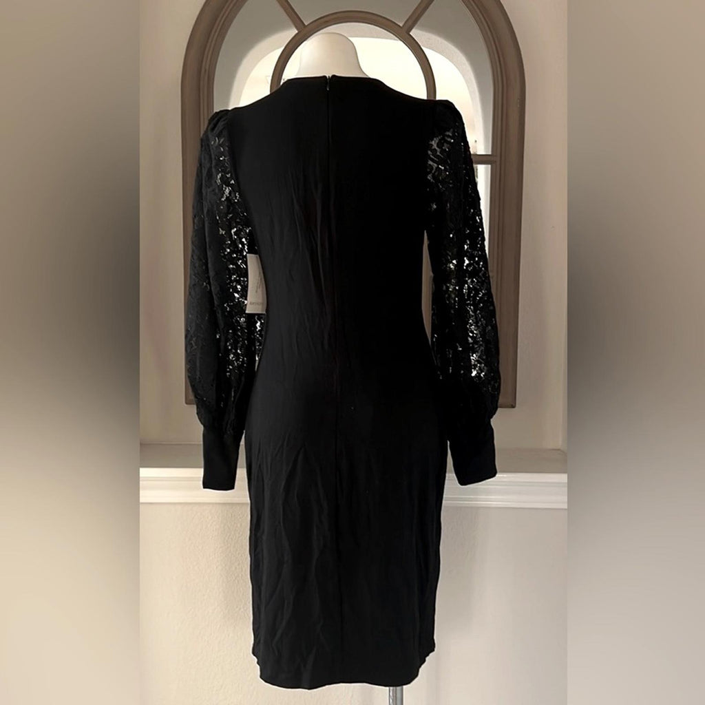 Karen Kane Lace V-Neck Midi Dress w/Lace Sleeves in Black, Size S New w/Tag $158
