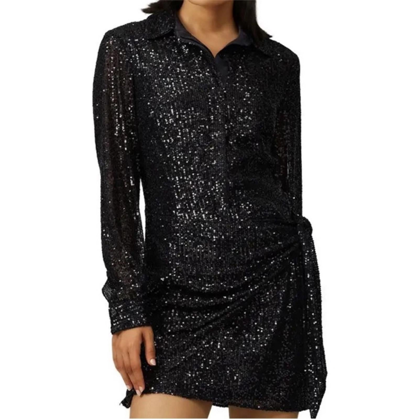 Parker Black Faux Wrap Button Front Mini Dress, Sequin Black Size S