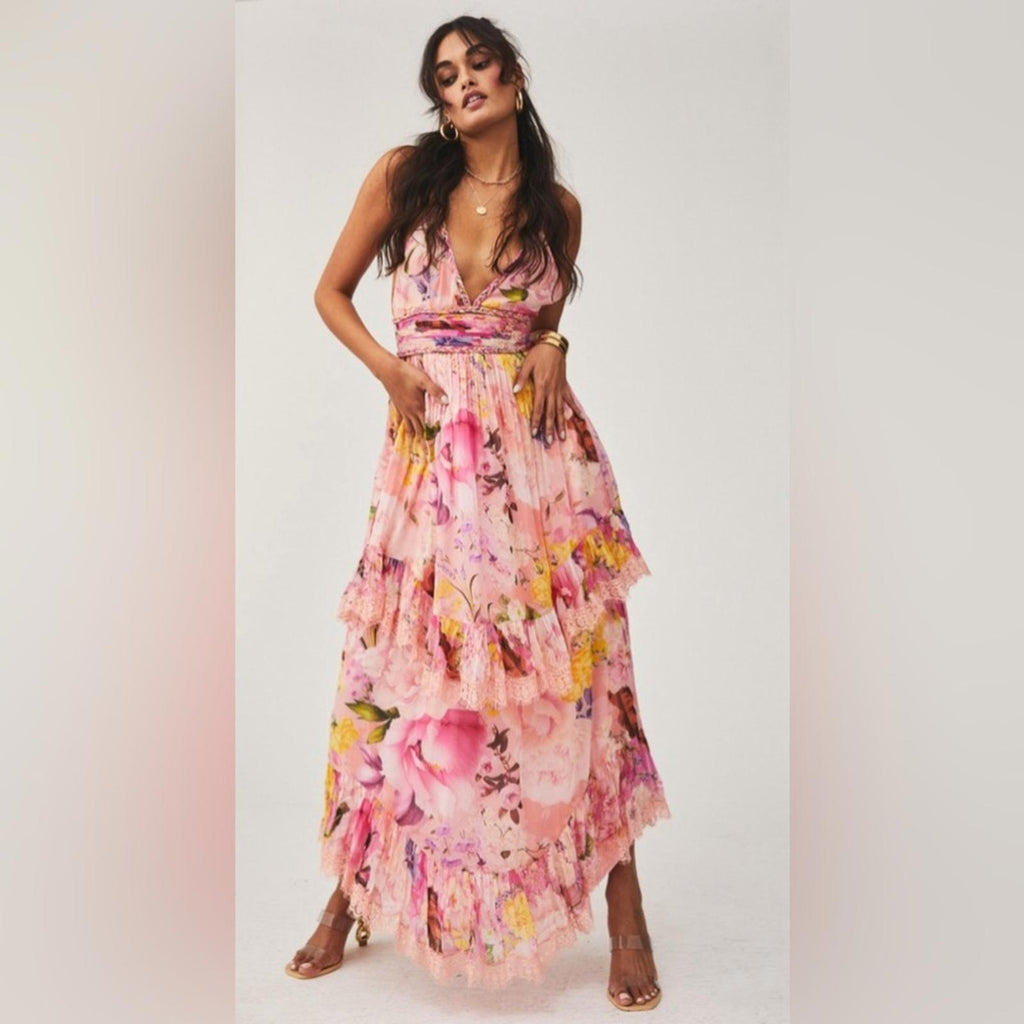 Rococo Sand x Revolve Leona Floral Low Back Maxi Dress in Peach/Pink Size M NWT