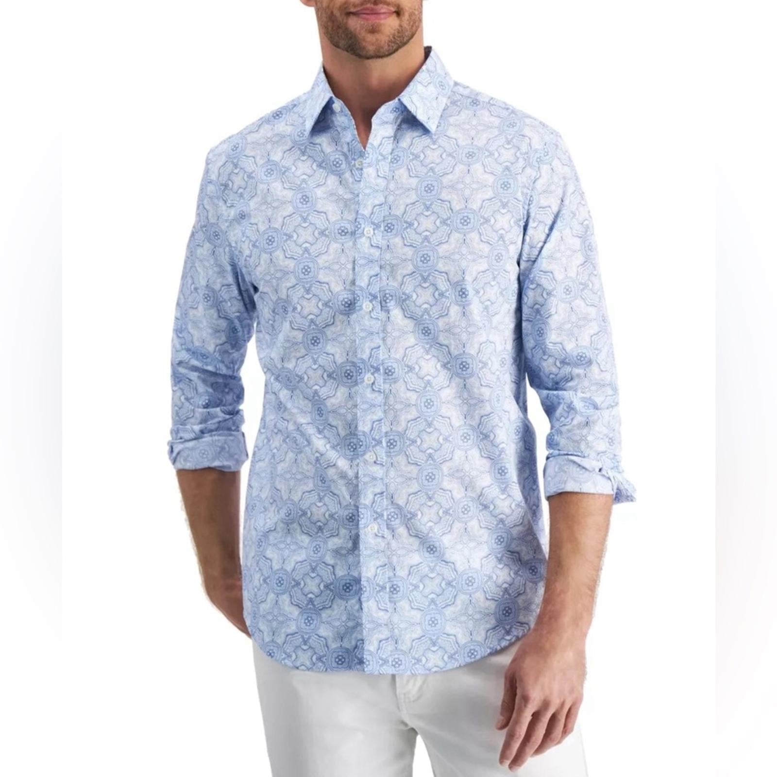 Club Room Stretch Medallion Print Button Up Dress Shirt in Blue Size M New w/Tag