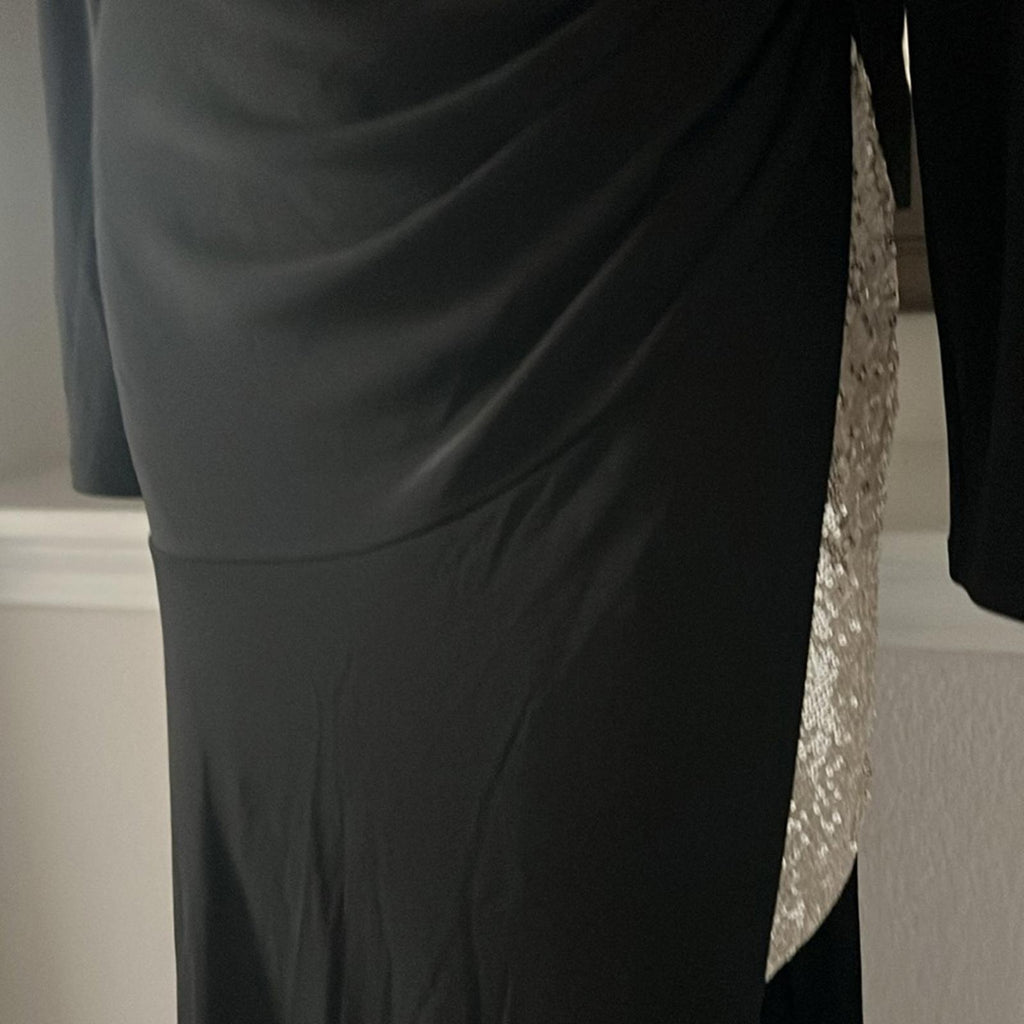 BCBGMaxazria Sequin Asymmetric Midi-Dress in Black Gold, Size 12, New with Tag