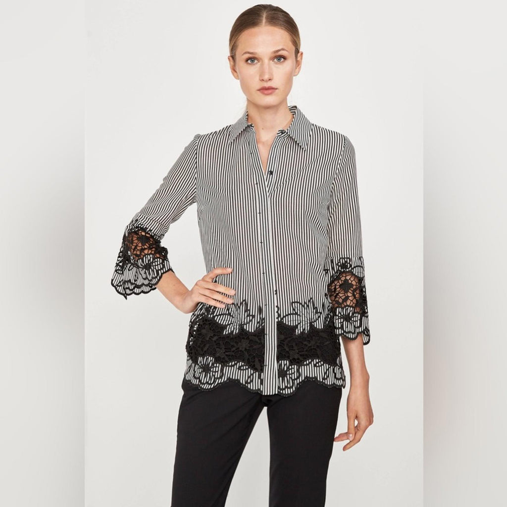 Ellie Tahari Clark Shirt Striped Lace Trim in Black & White New w/Tag $298
