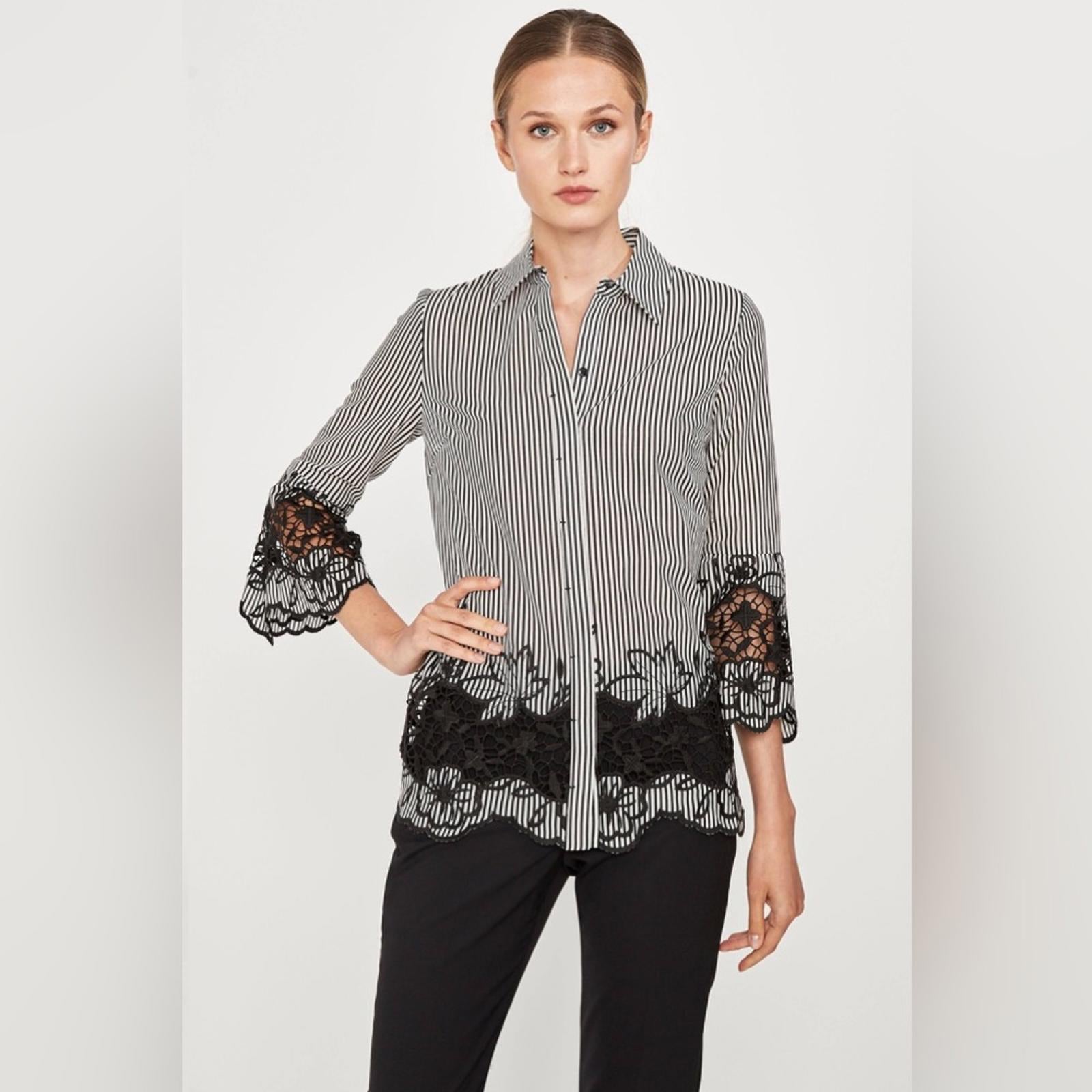 Ellie Tahari Clark Shirt Striped Lace Trim in Black & White New w/Tag $298