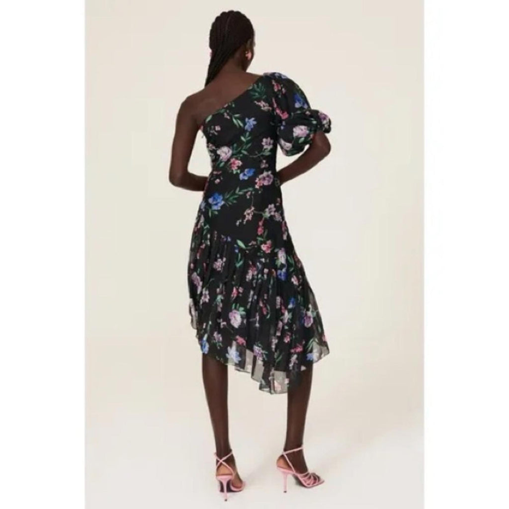 Shoshanna Midnight Gia One Shoulder Silk Floral Dress, Black Size 8 Retail $595