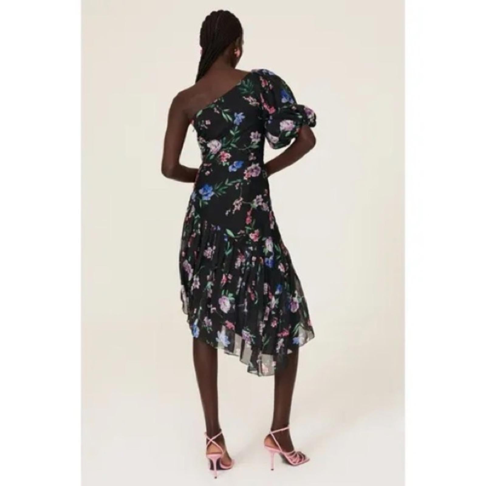 Shoshanna Midnight Gia One Shoulder Silk Floral Dress, Black Size 8 Retail $595