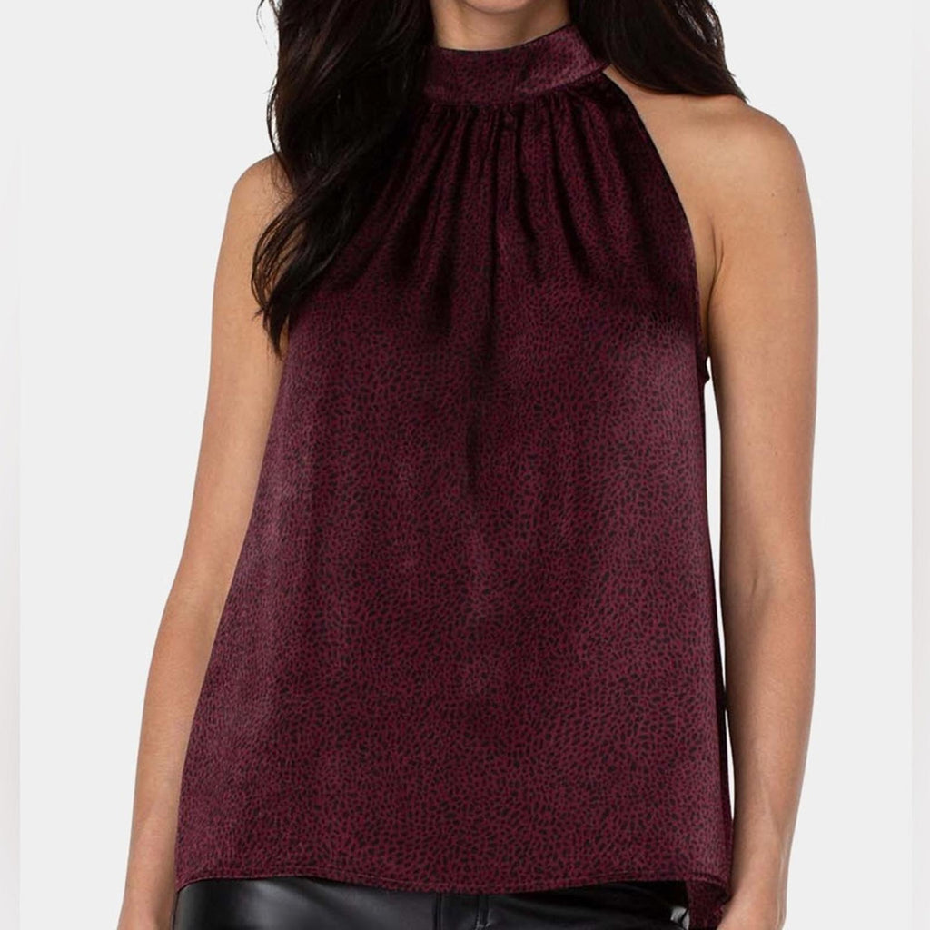 Liverpool Mock Neck Halter Top in Burgundy Leopard Print, NWT, Size S