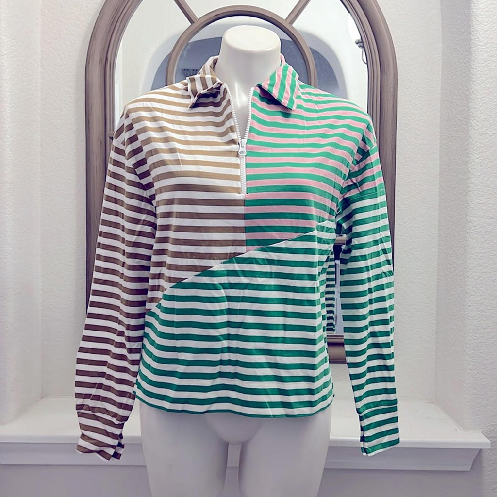 Kule The Beck Zip Neck Top Sweatshirt in Green Multi, Size S New w/Tag $168