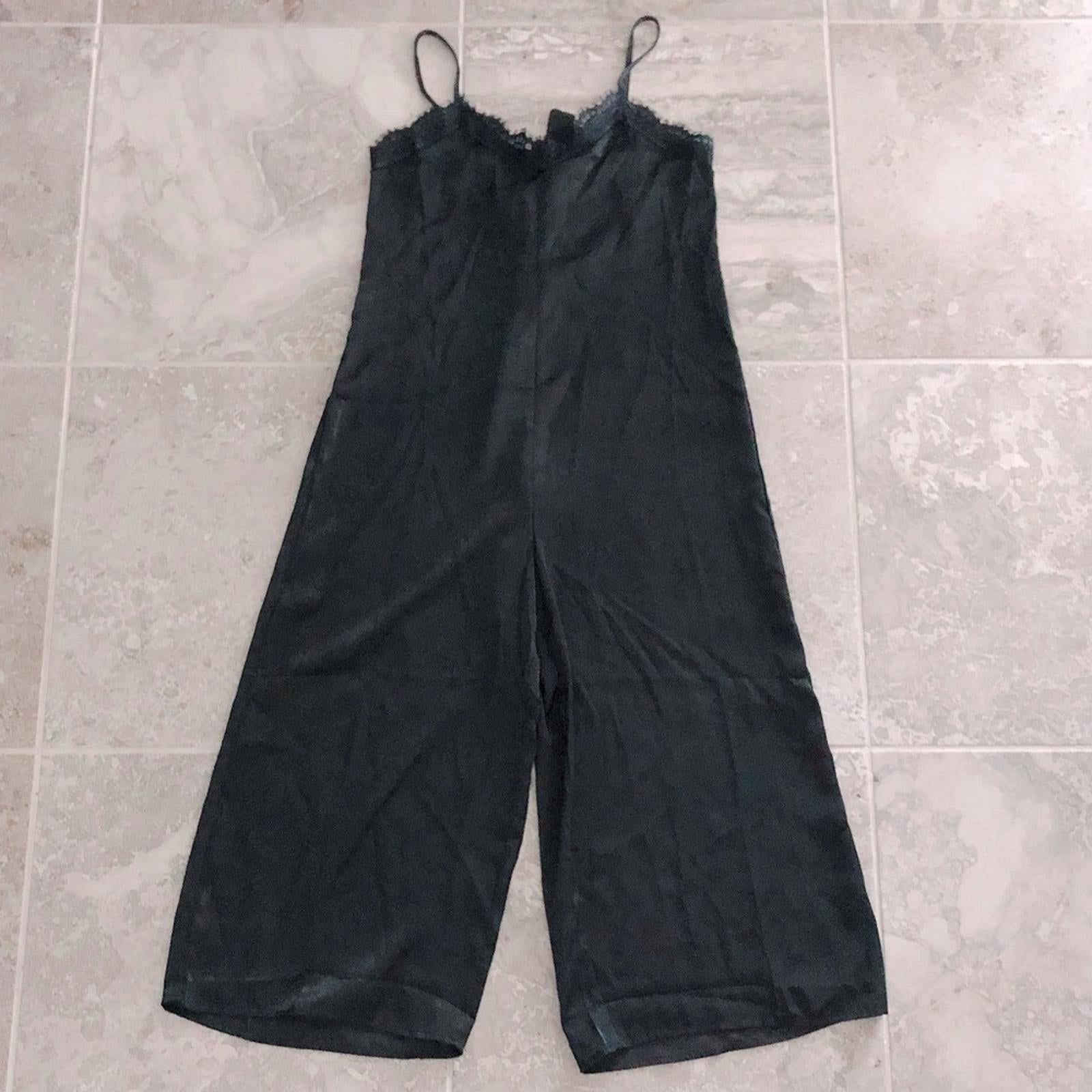 Dee Elle Satin Lace Trim Jumpsuit in Black, NEW, Size L