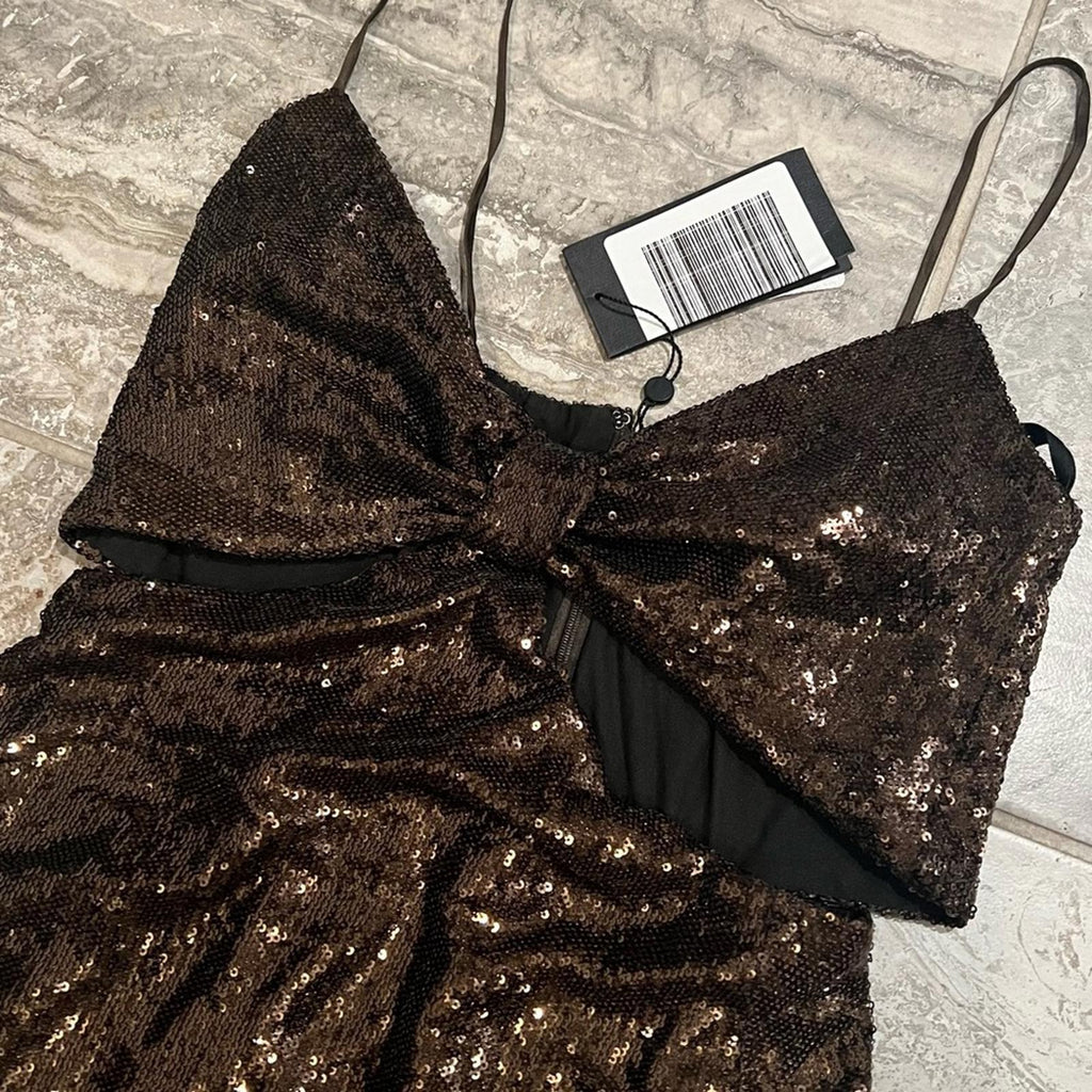 Halston Chloe Cutout Sequined Tulle Gown, Brown Size 4 New w/Tag Retail $595