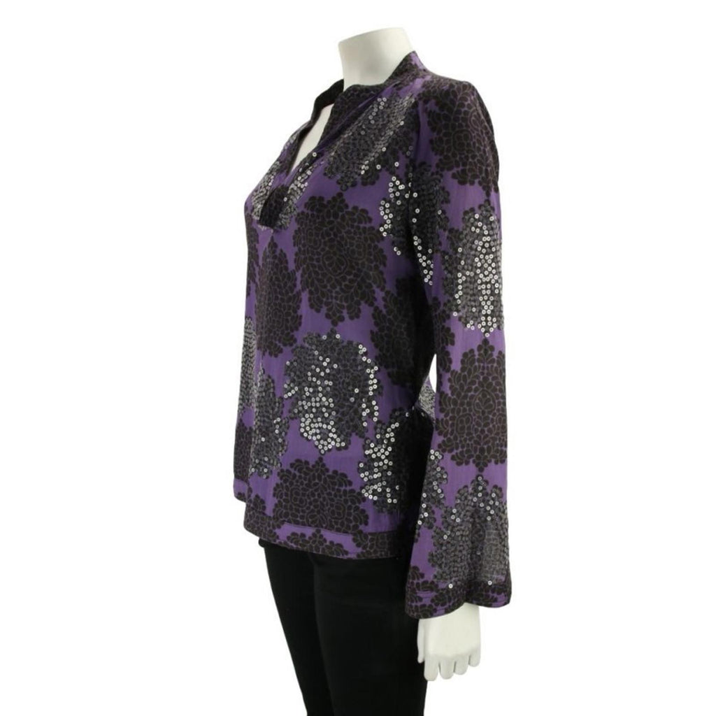 Tory Burch Black Flowers Blouse, Tunic in Purple Grey Size 8