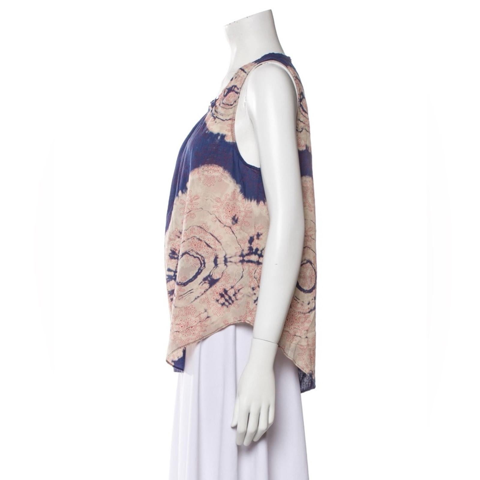 Raquel Allegra Voile Block Print Shirred Sleeveless Top, Blue/Red Size 0 $132.50