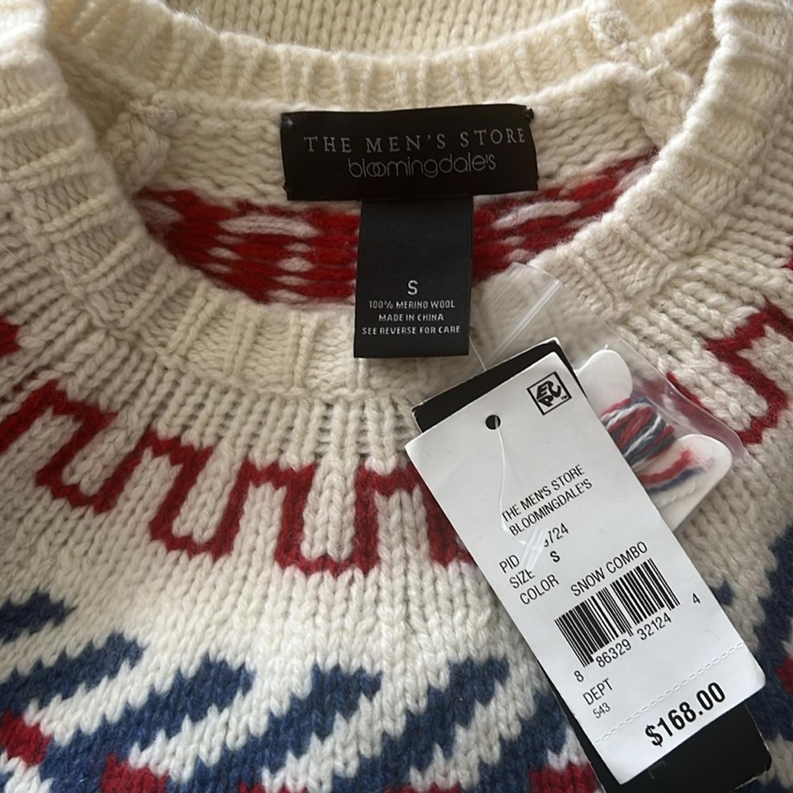 Bloomingdale's Wool Geo Stripe Regular Fit Crewneck Sweater, Size S New w/Tag