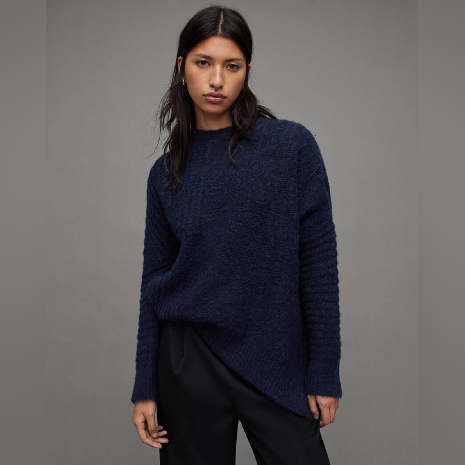 All Saints Selena Mixed Stitch Asymmetric Sweater Midnight Blue Size S New w/Tag