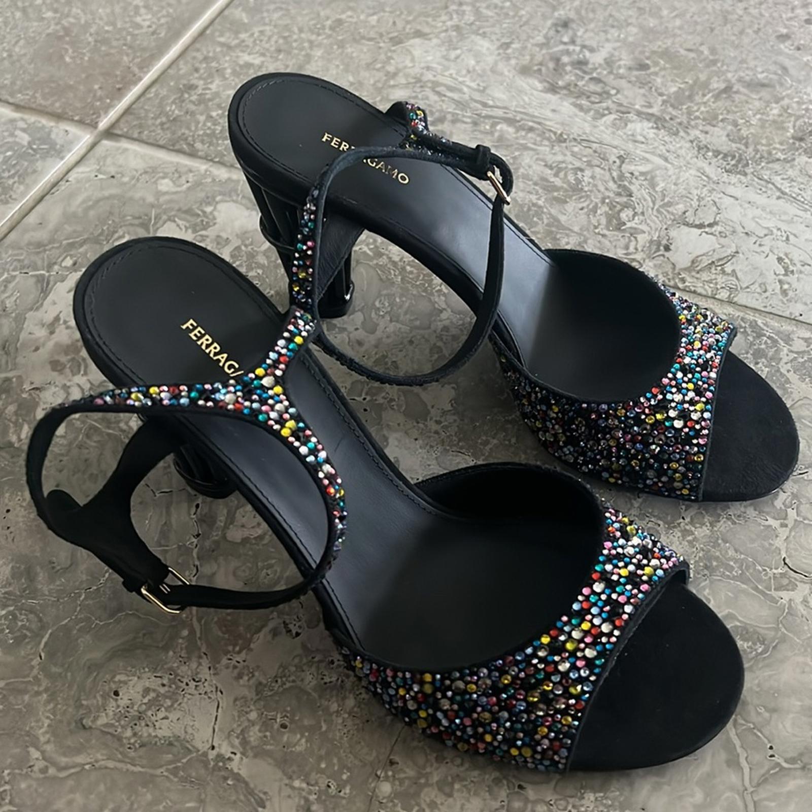 Ferragamo Nikla 85 Embellished High Heel Sandals in Black, NEW, Size 6 $1,350
