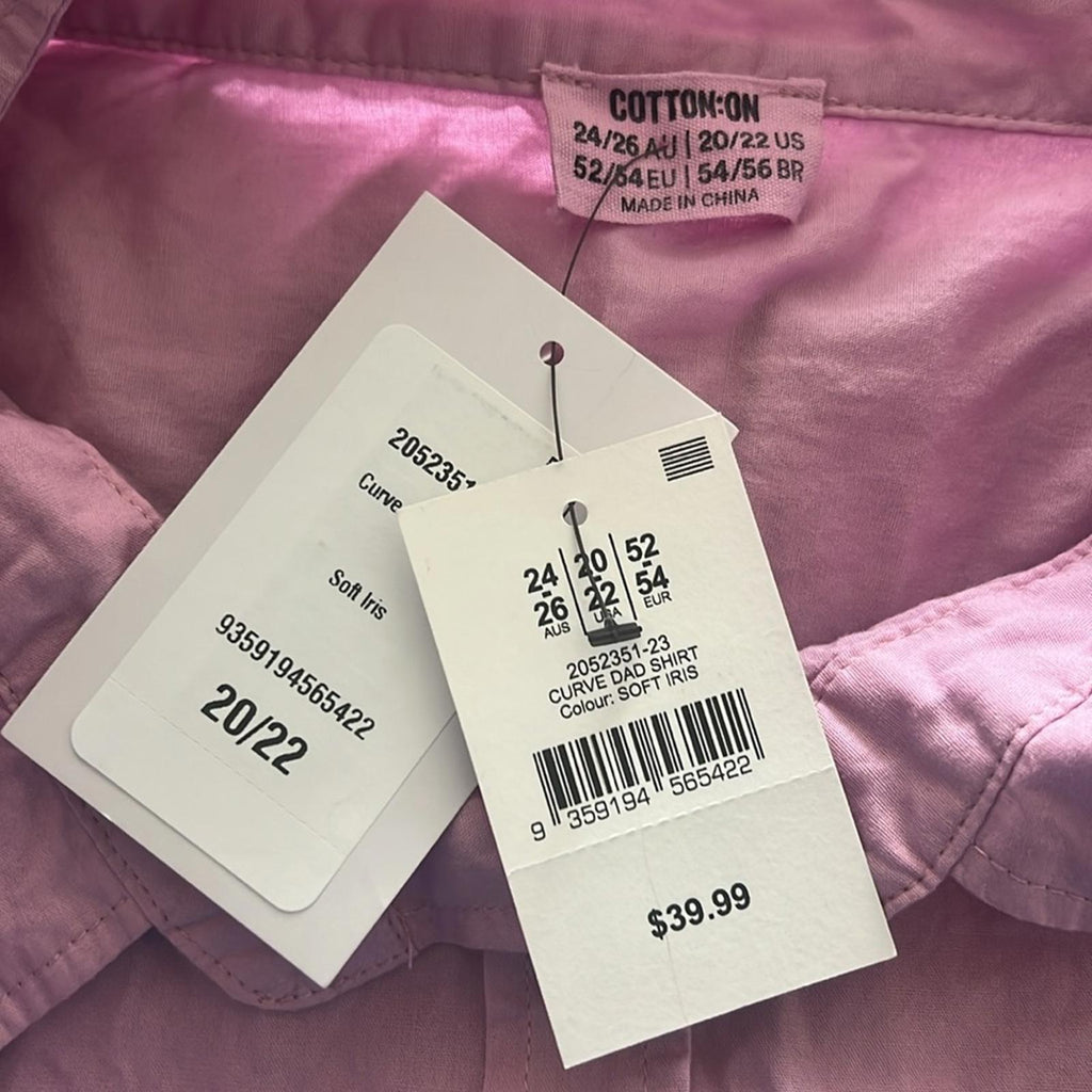 Cotton On Curve Dad Shirt in Soft Iris/Pink Shirt, NWT, Size 20-22