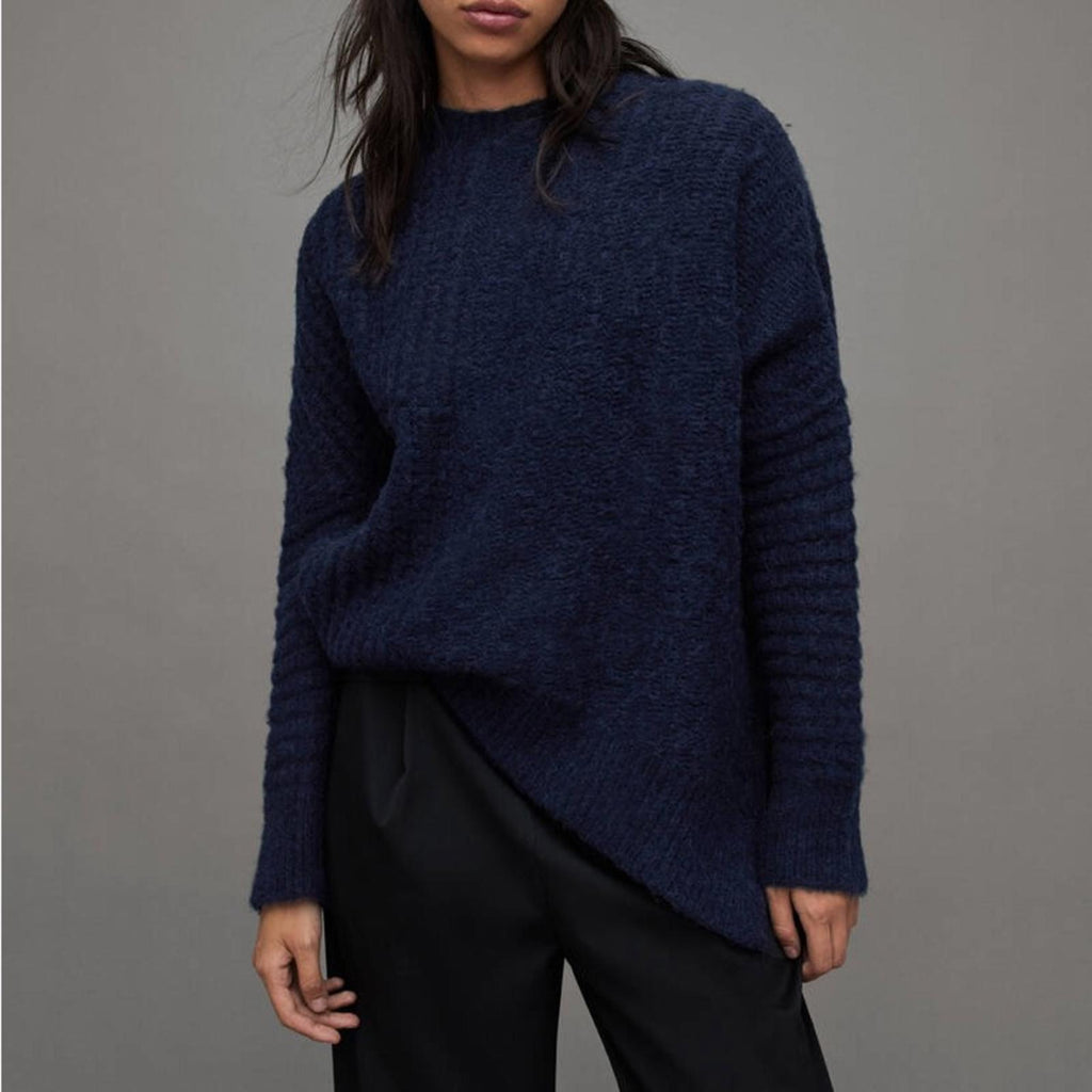 All Saints Selena Mixed Stitch Asymmetric Sweater Midnight Blue Size S New w/Tag