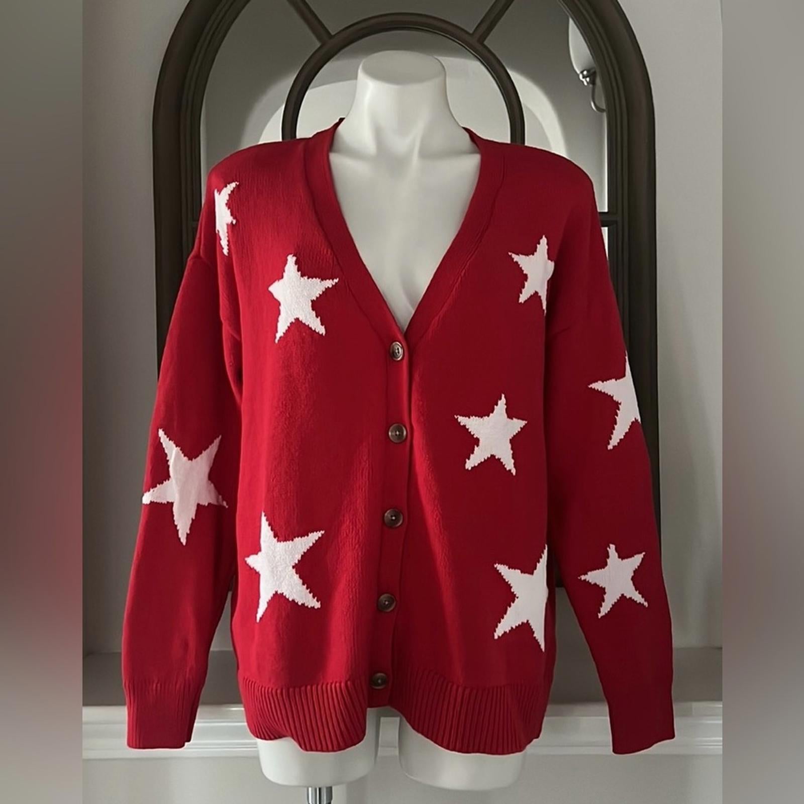 NEW Lane Bryant V-Neck Button-Front Star Cardigan Red/White Size 14/16